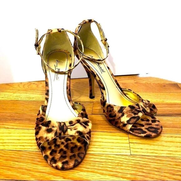 Leopard cheetah print sandal heels shoes NEW satin brown gold tan black 7.5 NIB - Picture 2 of 13